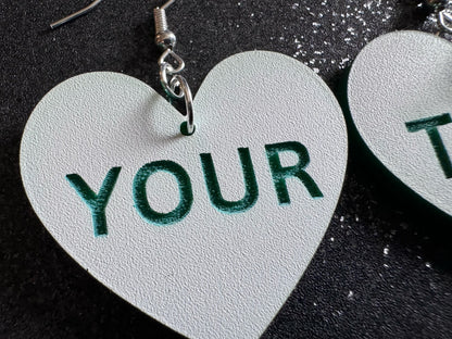 Custom Text Earrings: Laser Engraved Words, White with Green Text, Letters, Names, Teacher Gift, Anniversary, Best Gifts for Her/Him/Them