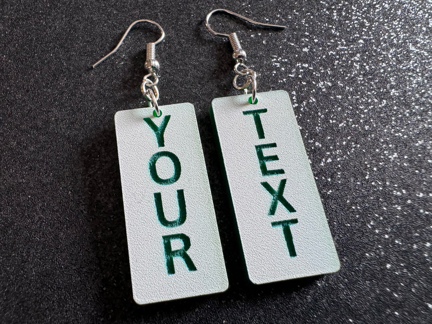 Custom Text Earrings: Laser Engraved Words, White with Green Text, Letters, Names, Teacher Gift, Anniversary, Best Gifts for Her/Him/Them