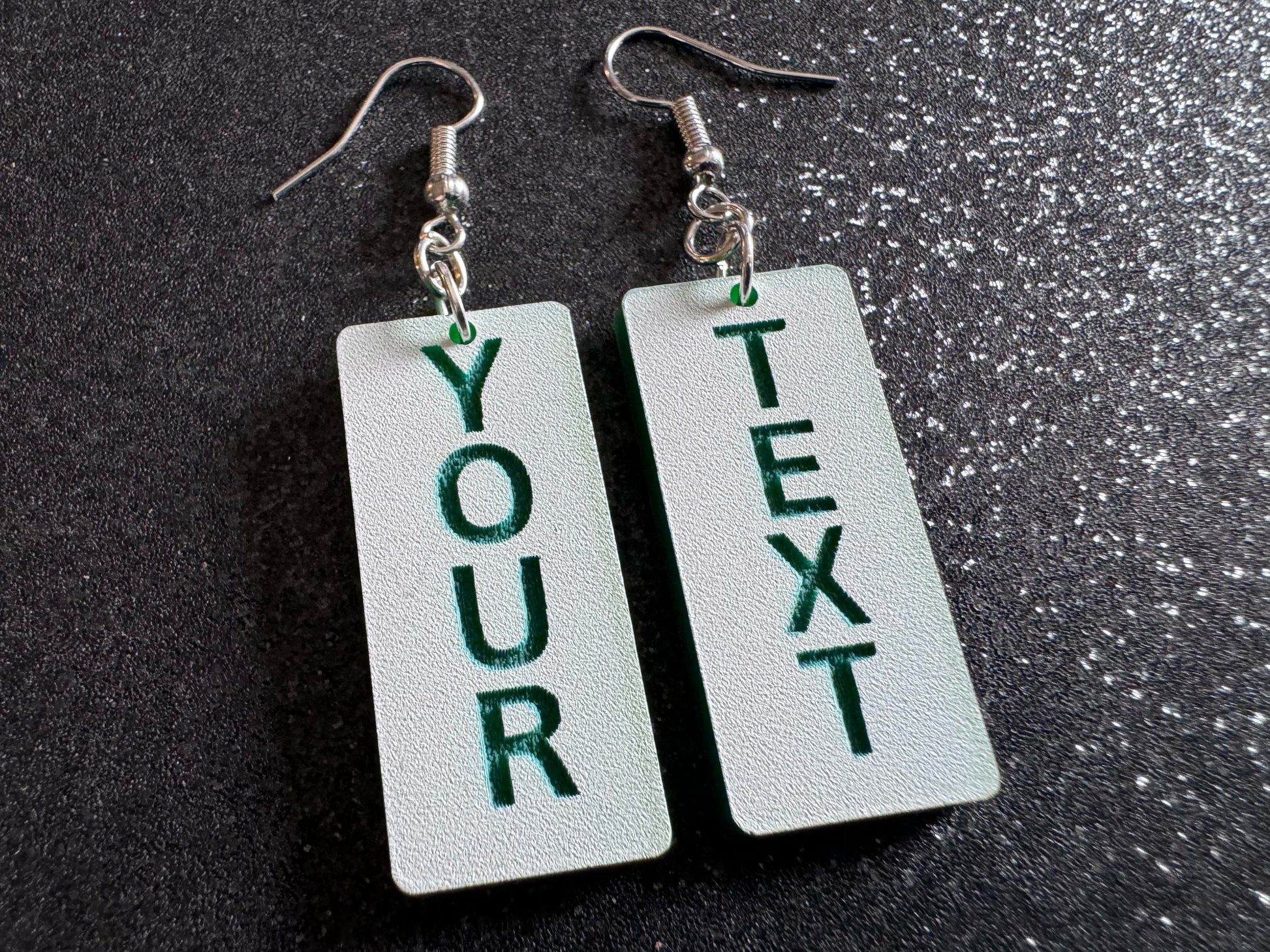 Custom Text Earrings: Laser Engraved Words, White with Green Text, Letters, Names, Teacher Gift, Anniversary, Best Gifts for Her/Him/Them