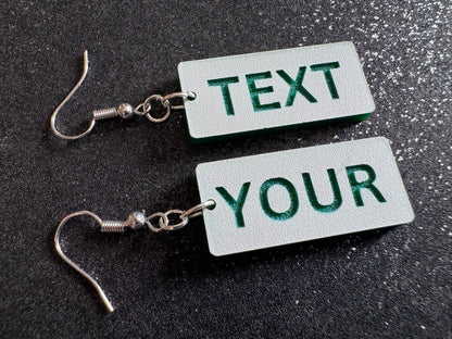 Custom Text Earrings: Laser Engraved Words, White with Green Text, Letters, Names, Teacher Gift, Anniversary, Best Gifts for Her/Him/Them