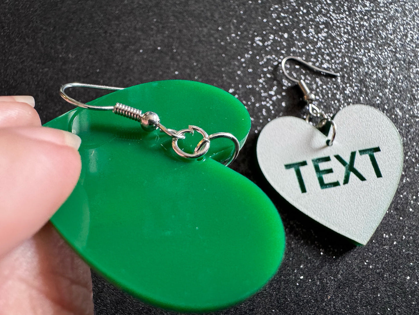 Custom Text Earrings: Laser Engraved Words, White with Green Text, Letters, Names, Teacher Gift, Anniversary, Best Gifts for Her/Him/Them
