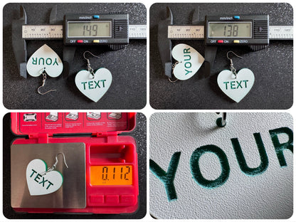 Custom Text Earrings: Laser Engraved Words, White with Green Text, Letters, Names, Teacher Gift, Anniversary, Best Gifts for Her/Him/Them