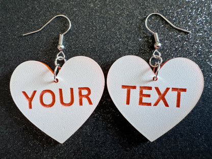 Custom Text Earrings: Laser Engraved Words, White with Orange Text, Letters, Names, Teacher Gift, Anniversary, Best Gifts for Her/Him/Them