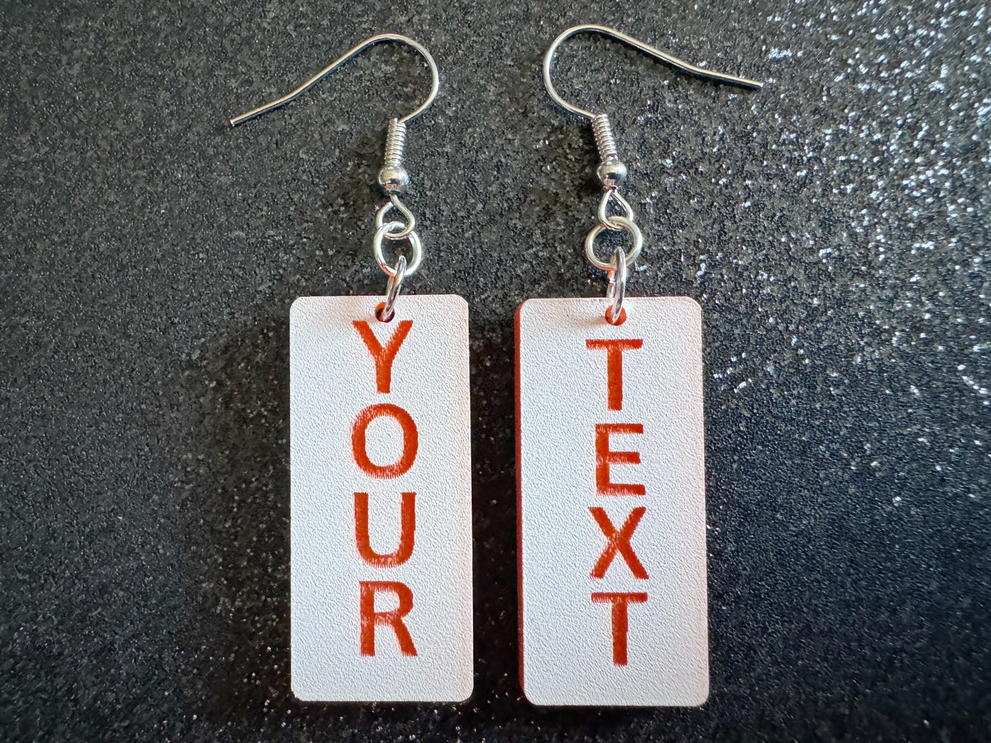 Custom Text Earrings: Laser Engraved Words, White with Orange Text, Letters, Names, Teacher Gift, Anniversary, Best Gifts for Her/Him/Them