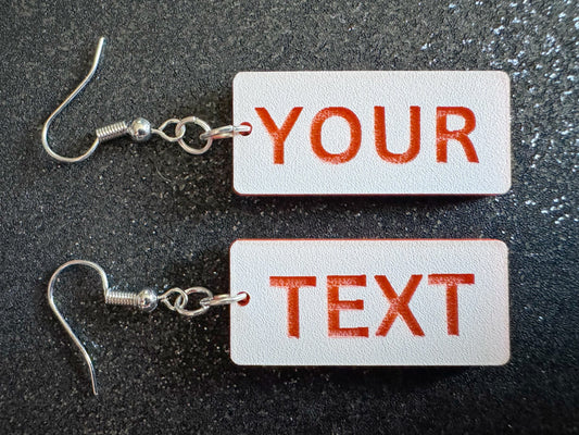 Custom Text Earrings: Laser Engraved Words, White with Orange Text, Letters, Names, Teacher Gift, Anniversary, Best Gifts for Her/Him/Them