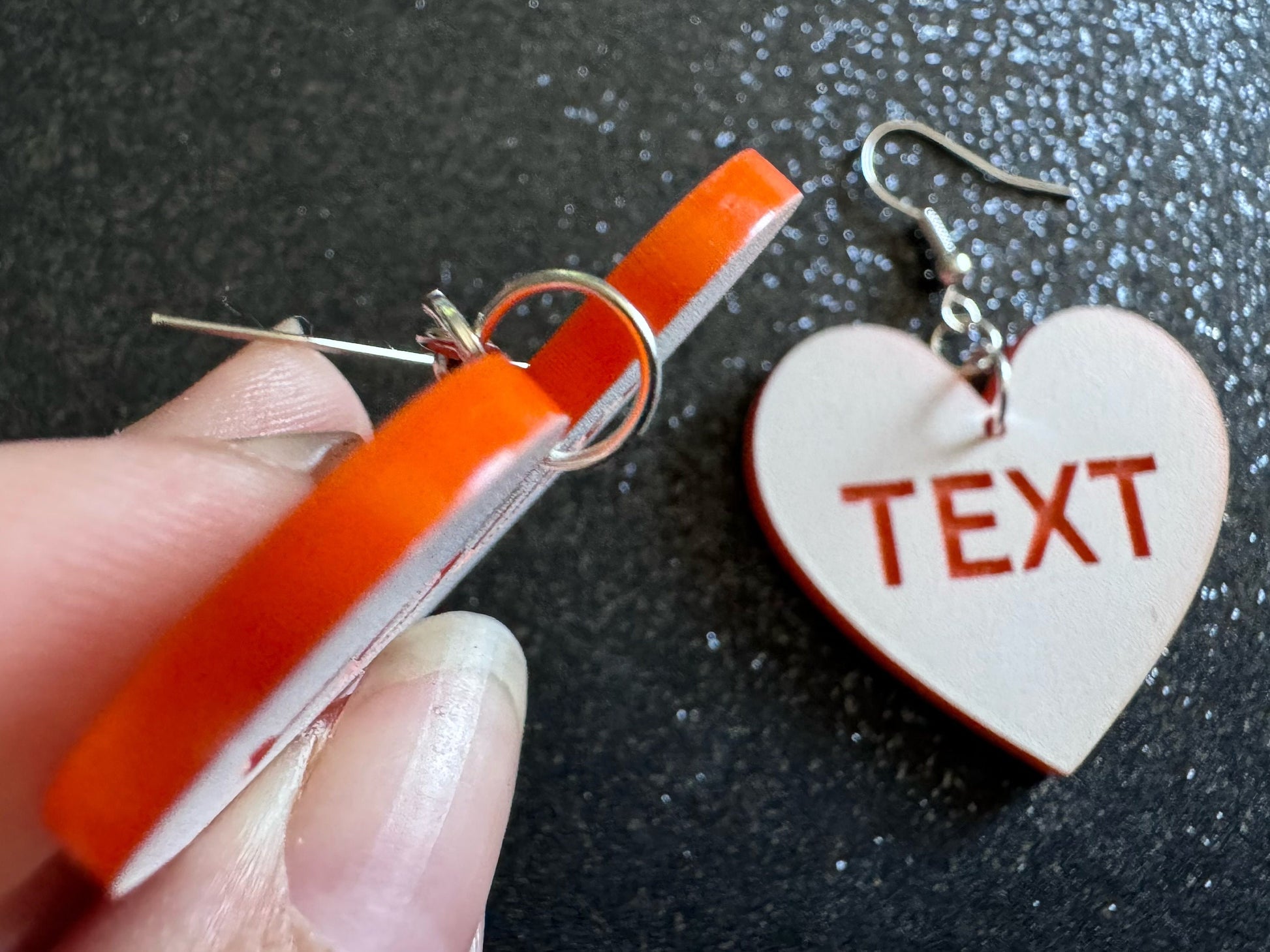 Custom Text Earrings: Laser Engraved Words, White with Orange Text, Letters, Names, Teacher Gift, Anniversary, Best Gifts for Her/Him/Them