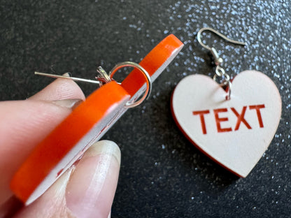 Custom Text Earrings: Laser Engraved Words, White with Orange Text, Letters, Names, Teacher Gift, Anniversary, Best Gifts for Her/Him/Them