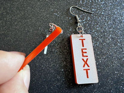 Custom Text Earrings: Laser Engraved Words, White with Orange Text, Letters, Names, Teacher Gift, Anniversary, Best Gifts for Her/Him/Them