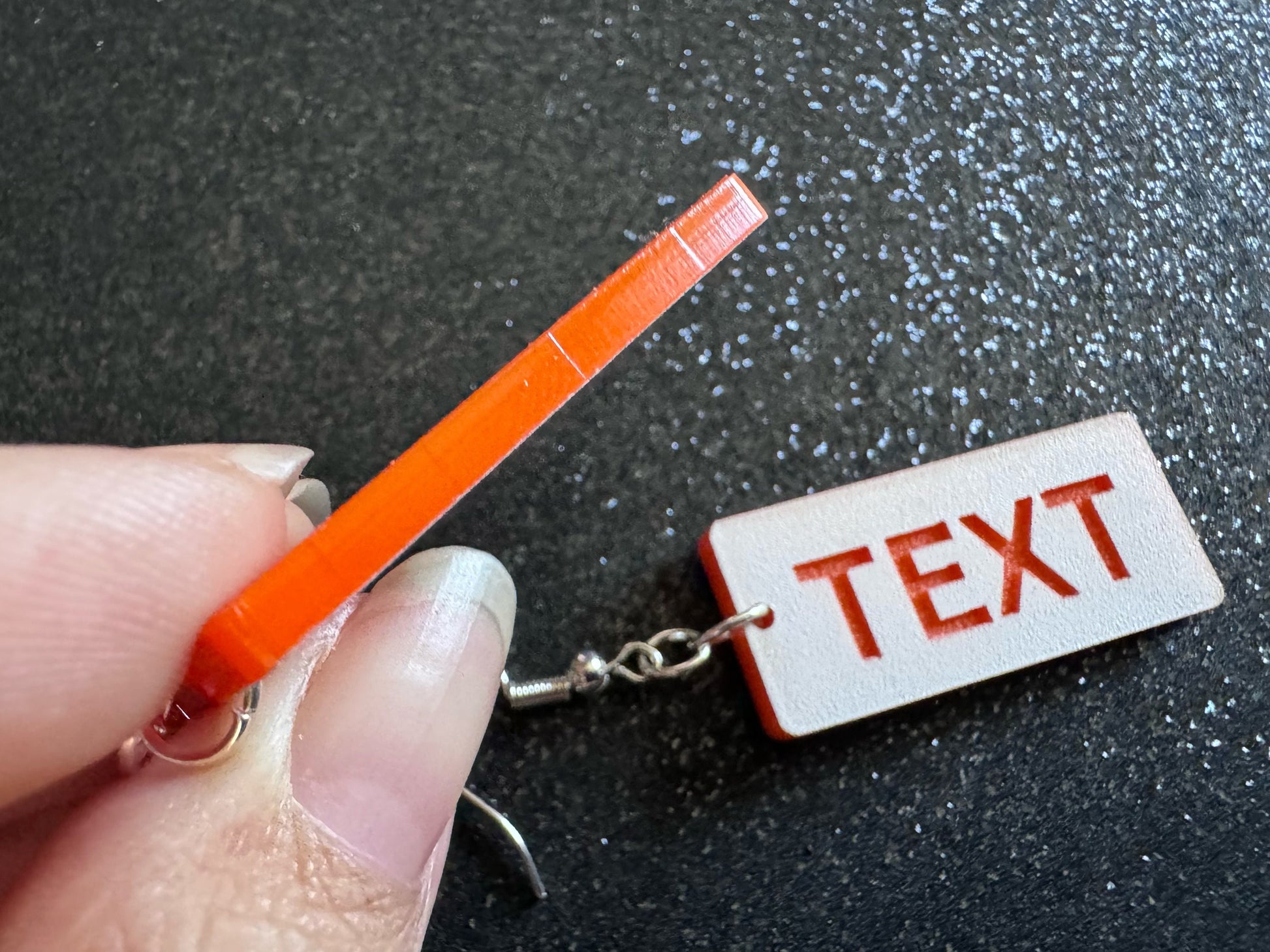 Custom Text Earrings: Laser Engraved Words, White with Orange Text, Letters, Names, Teacher Gift, Anniversary, Best Gifts for Her/Him/Them