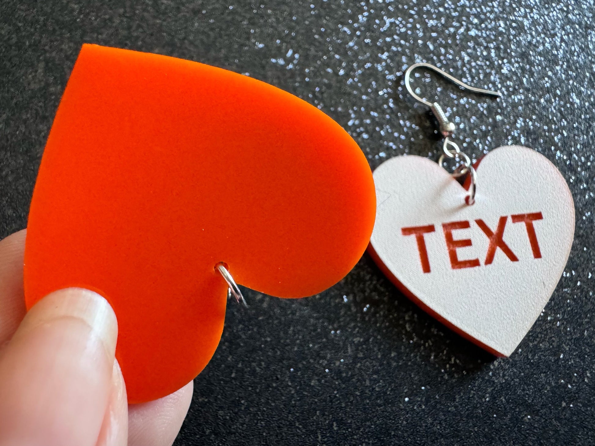 Custom Text Earrings: Laser Engraved Words, White with Orange Text, Letters, Names, Teacher Gift, Anniversary, Best Gifts for Her/Him/Them
