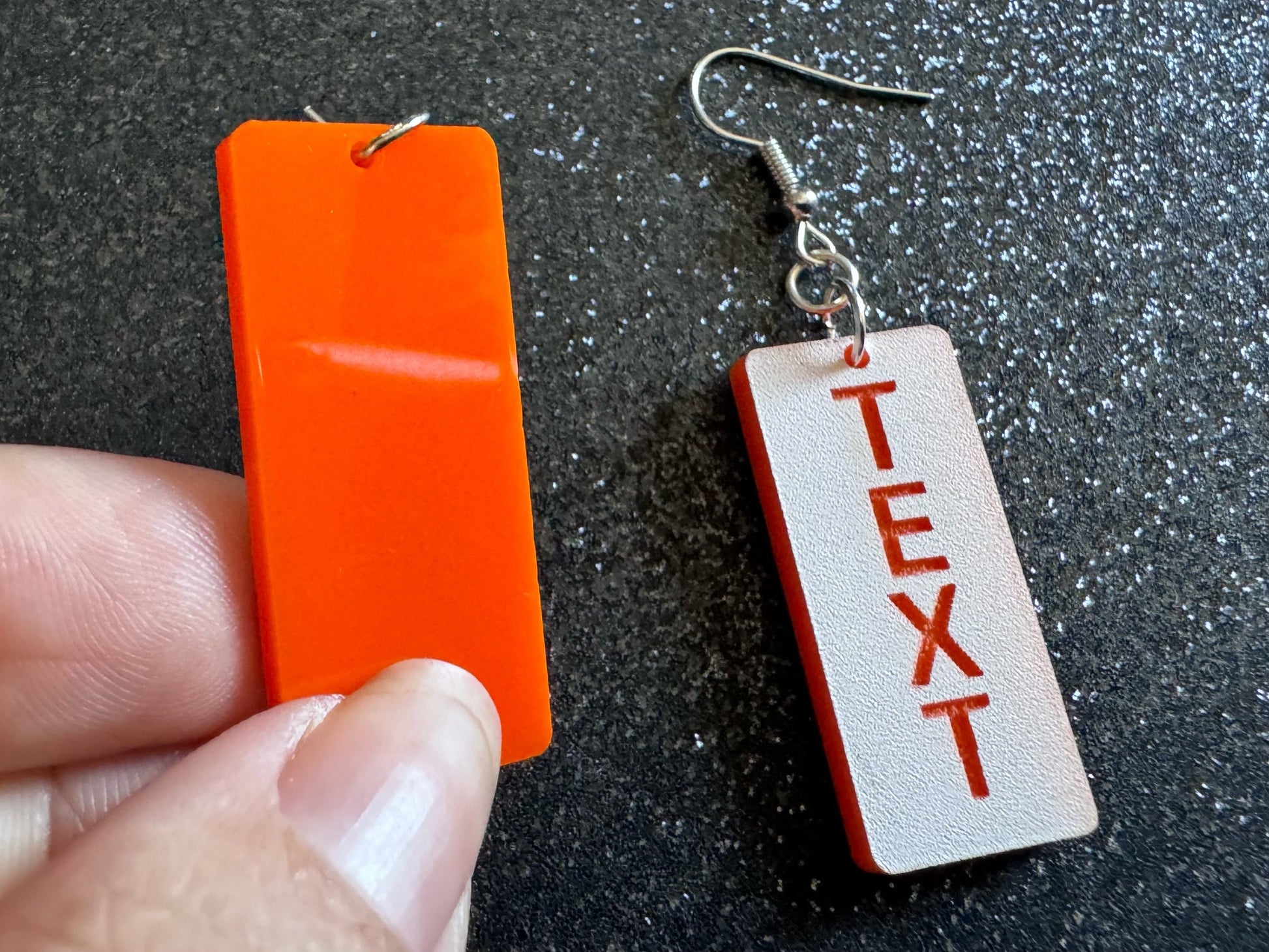 Custom Text Earrings: Laser Engraved Words, White with Orange Text, Letters, Names, Teacher Gift, Anniversary, Best Gifts for Her/Him/Them