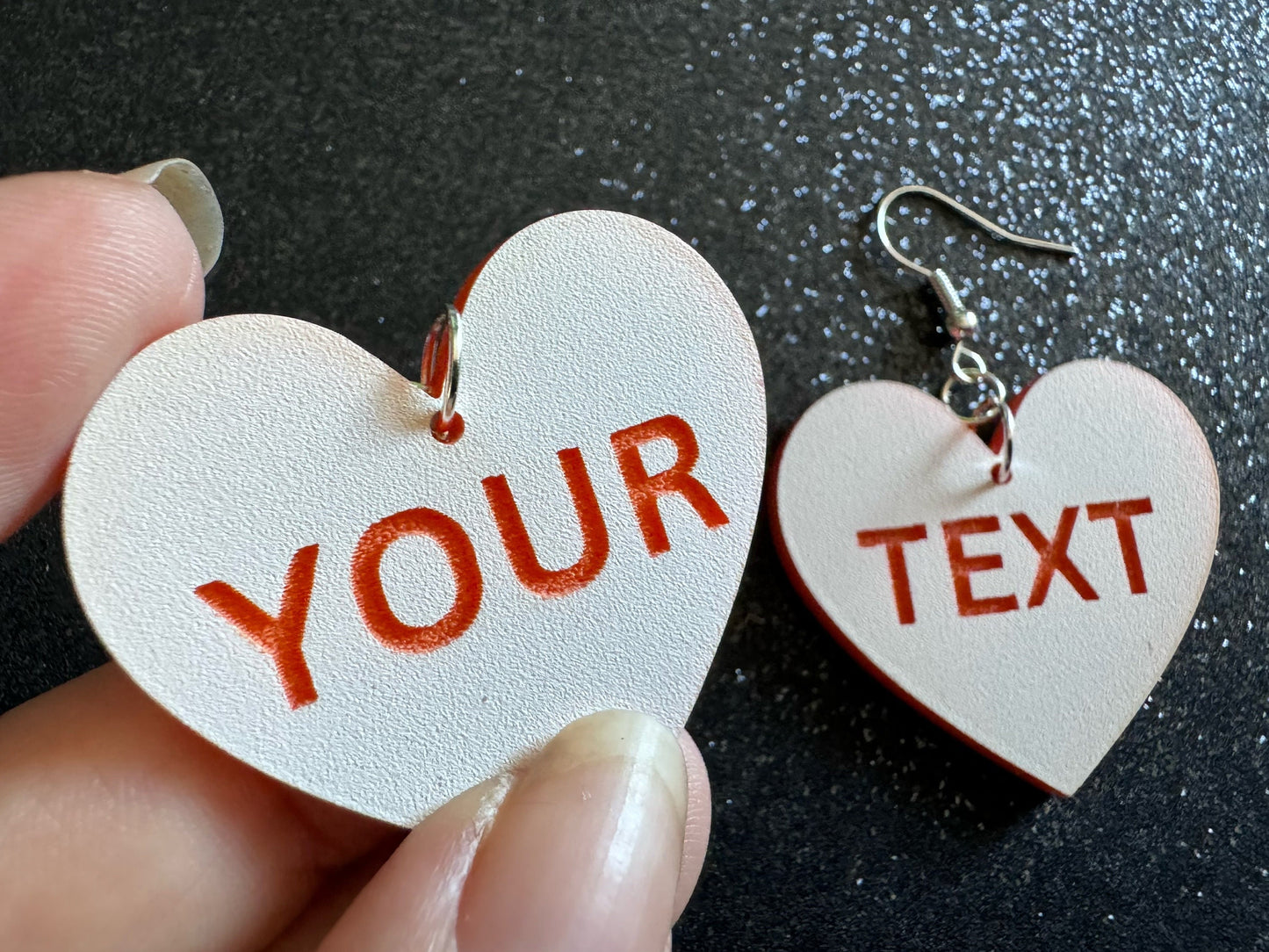 Custom Text Earrings: Laser Engraved Words, White with Orange Text, Letters, Names, Teacher Gift, Anniversary, Best Gifts for Her/Him/Them
