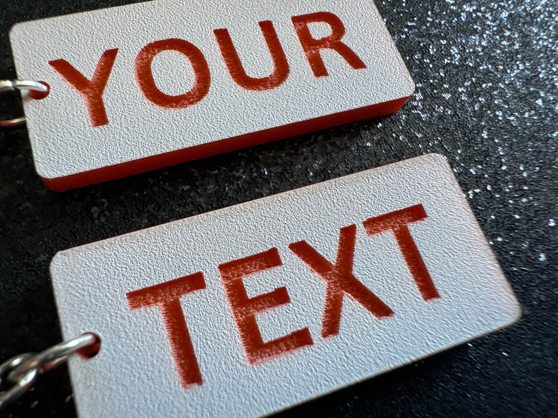 Custom Text Earrings: Laser Engraved Words, White with Orange Text, Letters, Names, Teacher Gift, Anniversary, Best Gifts for Her/Him/Them