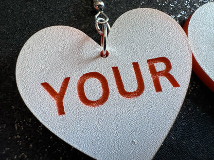 Custom Text Earrings: Laser Engraved Words, White with Orange Text, Letters, Names, Teacher Gift, Anniversary, Best Gifts for Her/Him/Them