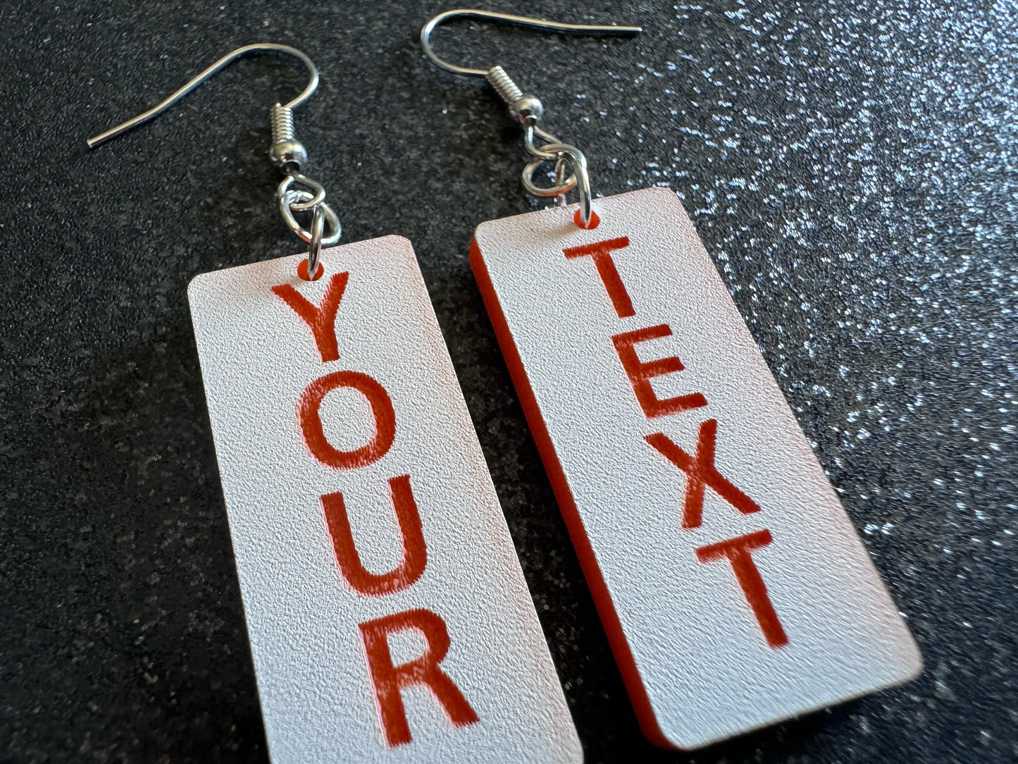 Custom Text Earrings: Laser Engraved Words, White with Orange Text, Letters, Names, Teacher Gift, Anniversary, Best Gifts for Her/Him/Them
