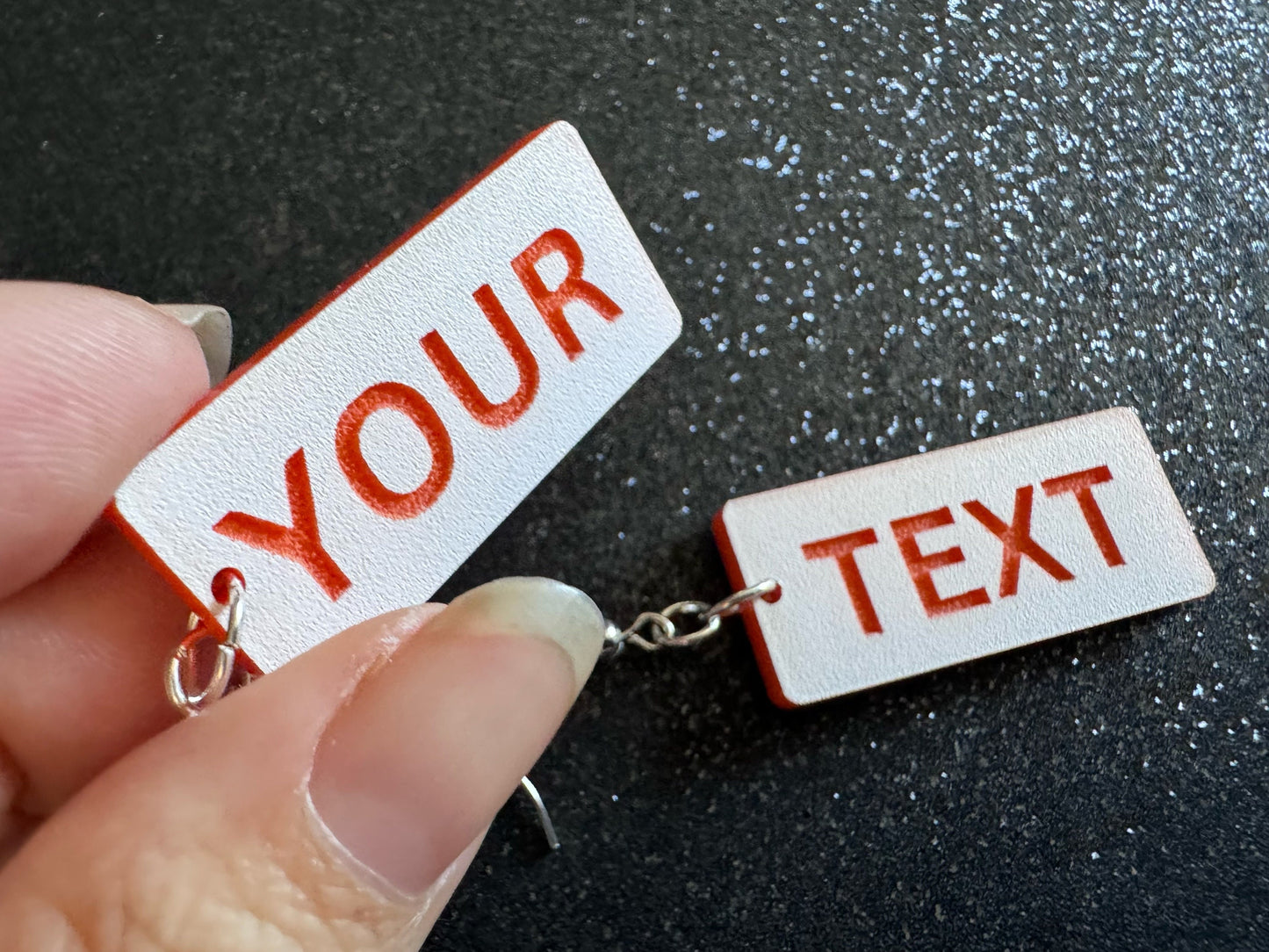 Custom Text Earrings: Laser Engraved Words, White with Orange Text, Letters, Names, Teacher Gift, Anniversary, Best Gifts for Her/Him/Them