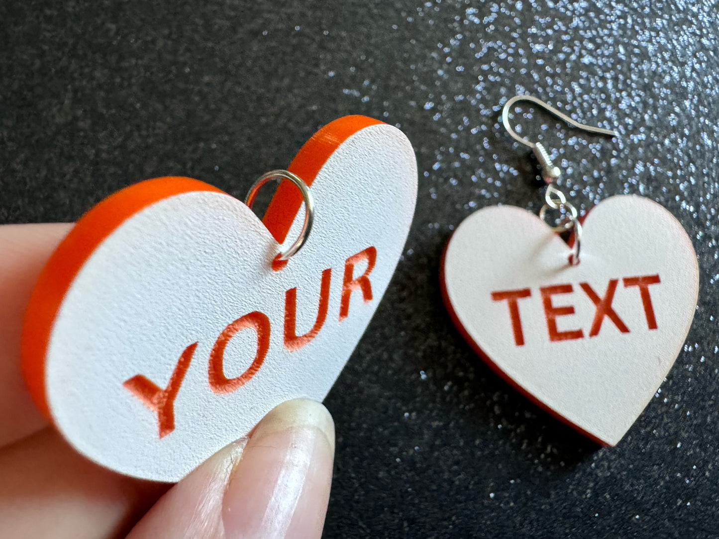 Custom Text Earrings: Laser Engraved Words, White with Orange Text, Letters, Names, Teacher Gift, Anniversary, Best Gifts for Her/Him/Them