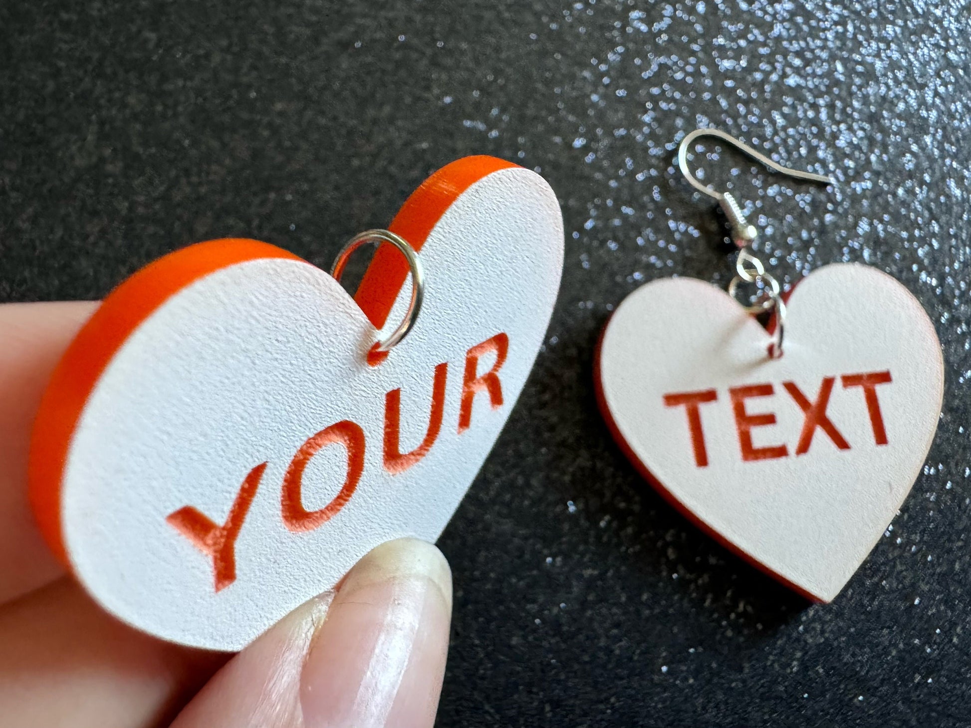 Custom Text Earrings: Laser Engraved Words, White with Orange Text, Letters, Names, Teacher Gift, Anniversary, Best Gifts for Her/Him/Them