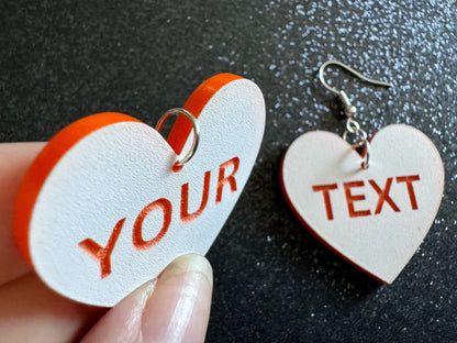 Custom Text Earrings: Laser Engraved Words, White with Orange Text, Letters, Names, Teacher Gift, Anniversary, Best Gifts for Her/Him/Them