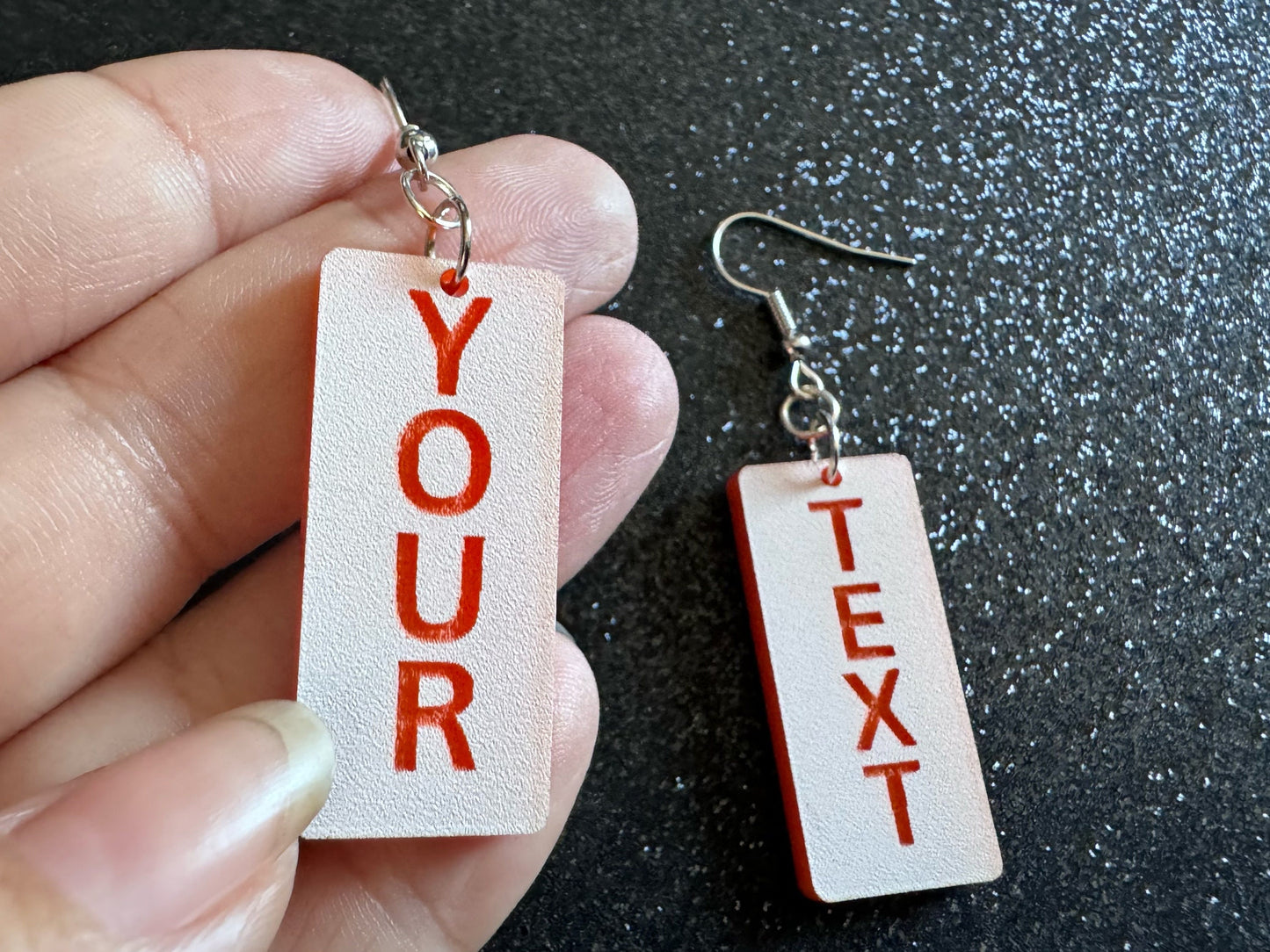 Custom Text Earrings: Laser Engraved Words, White with Orange Text, Letters, Names, Teacher Gift, Anniversary, Best Gifts for Her/Him/Them