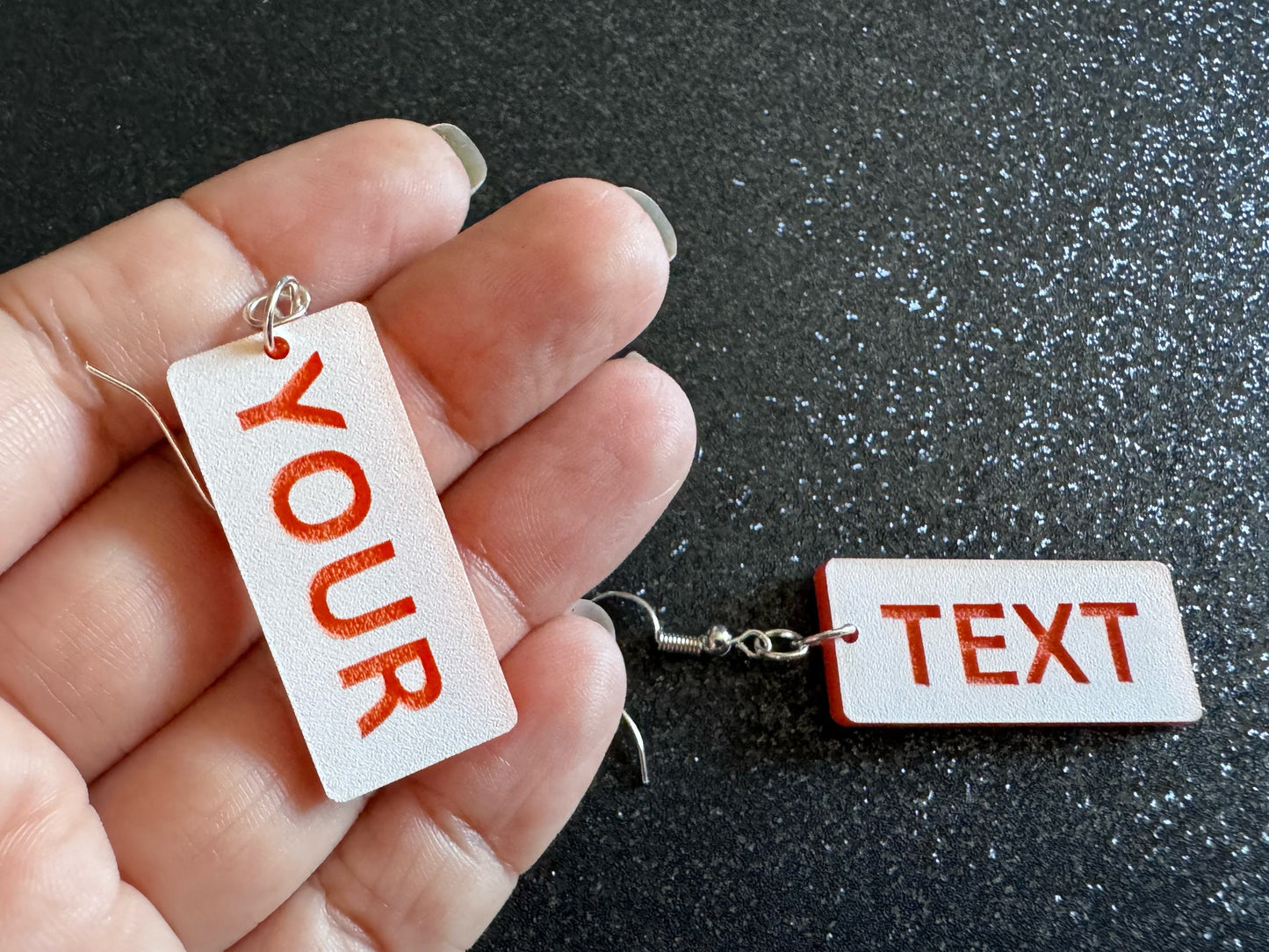 Custom Text Earrings: Laser Engraved Words, White with Orange Text, Letters, Names, Teacher Gift, Anniversary, Best Gifts for Her/Him/Them
