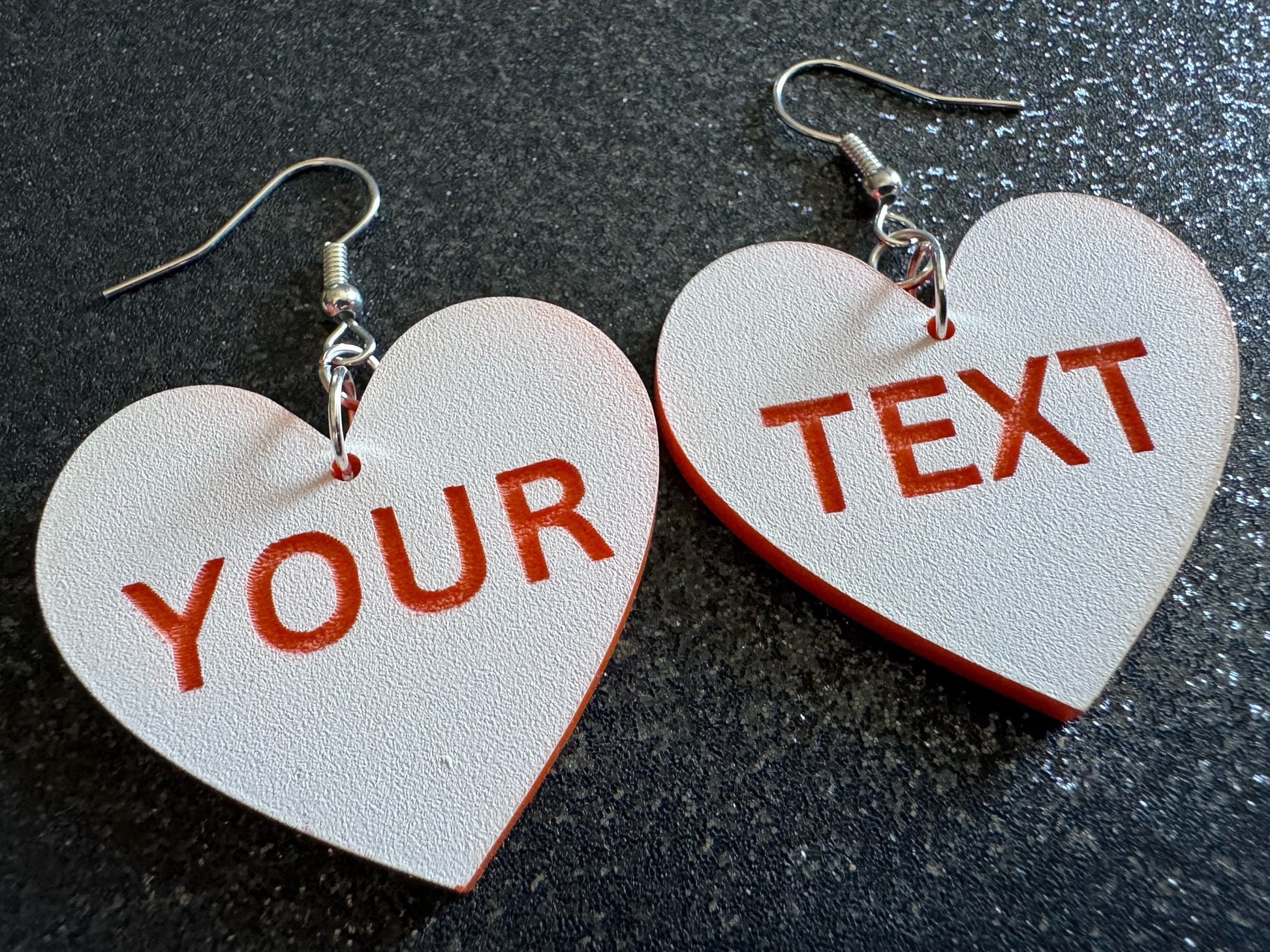 Custom Text Earrings: Laser Engraved Words, White with Orange Text, Letters, Names, Teacher Gift, Anniversary, Best Gifts for Her/Him/Them