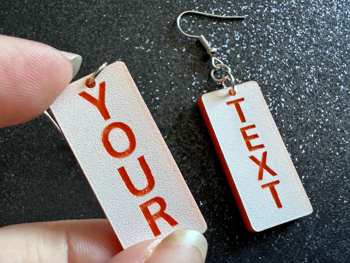 Custom Text Earrings: Laser Engraved Words, White with Orange Text, Letters, Names, Teacher Gift, Anniversary, Best Gifts for Her/Him/Them