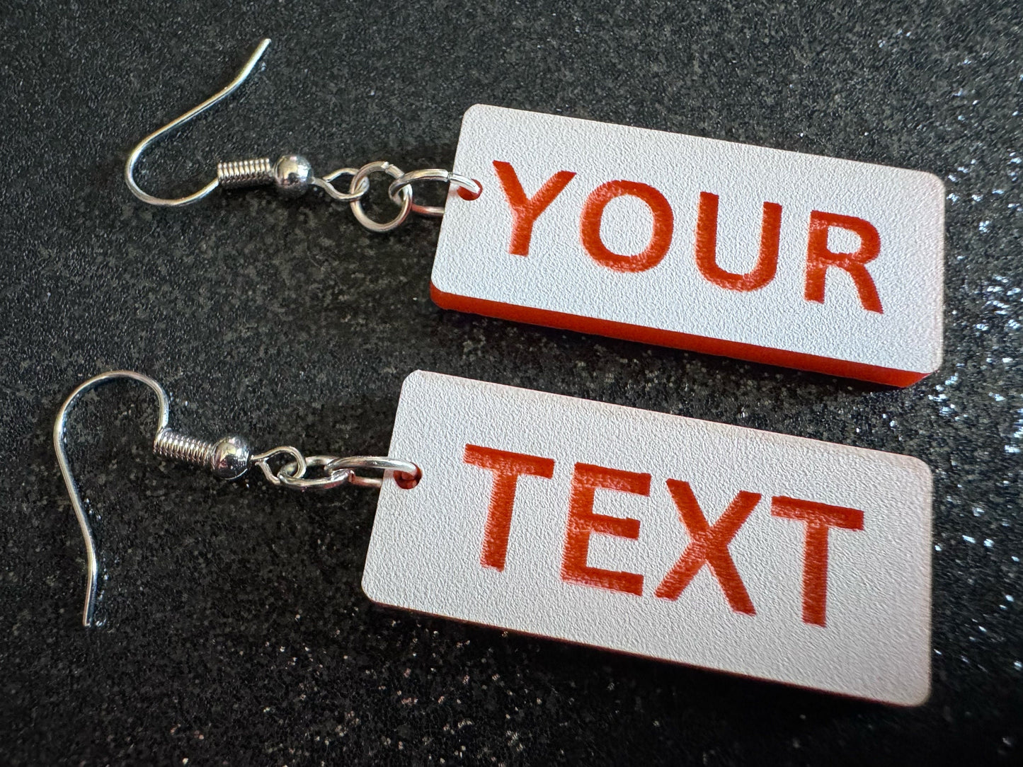 Custom Text Earrings: Laser Engraved Words, White with Orange Text, Letters, Names, Teacher Gift, Anniversary, Best Gifts for Her/Him/Them