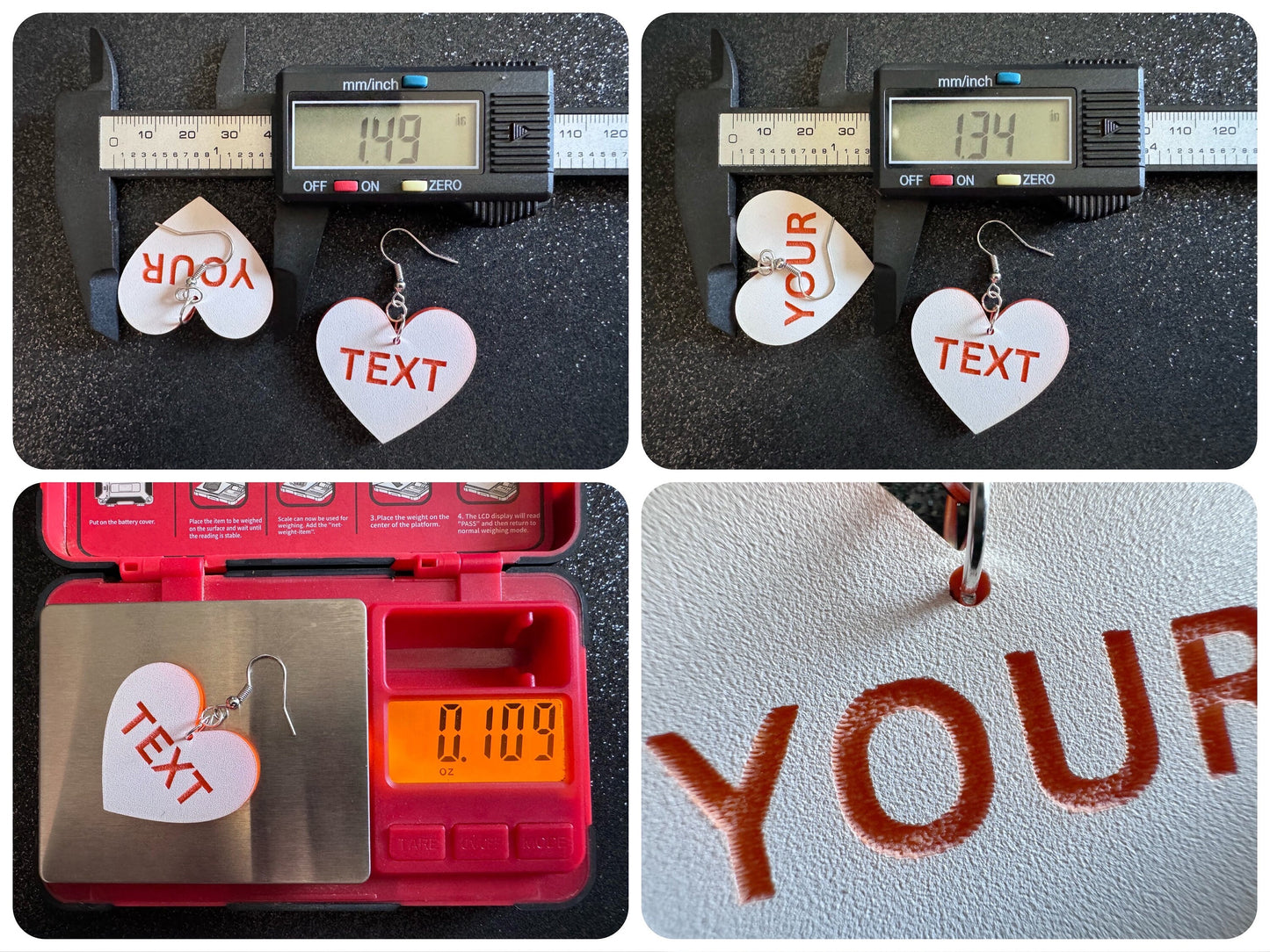Custom Text Earrings: Laser Engraved Words, White with Orange Text, Letters, Names, Teacher Gift, Anniversary, Best Gifts for Her/Him/Them
