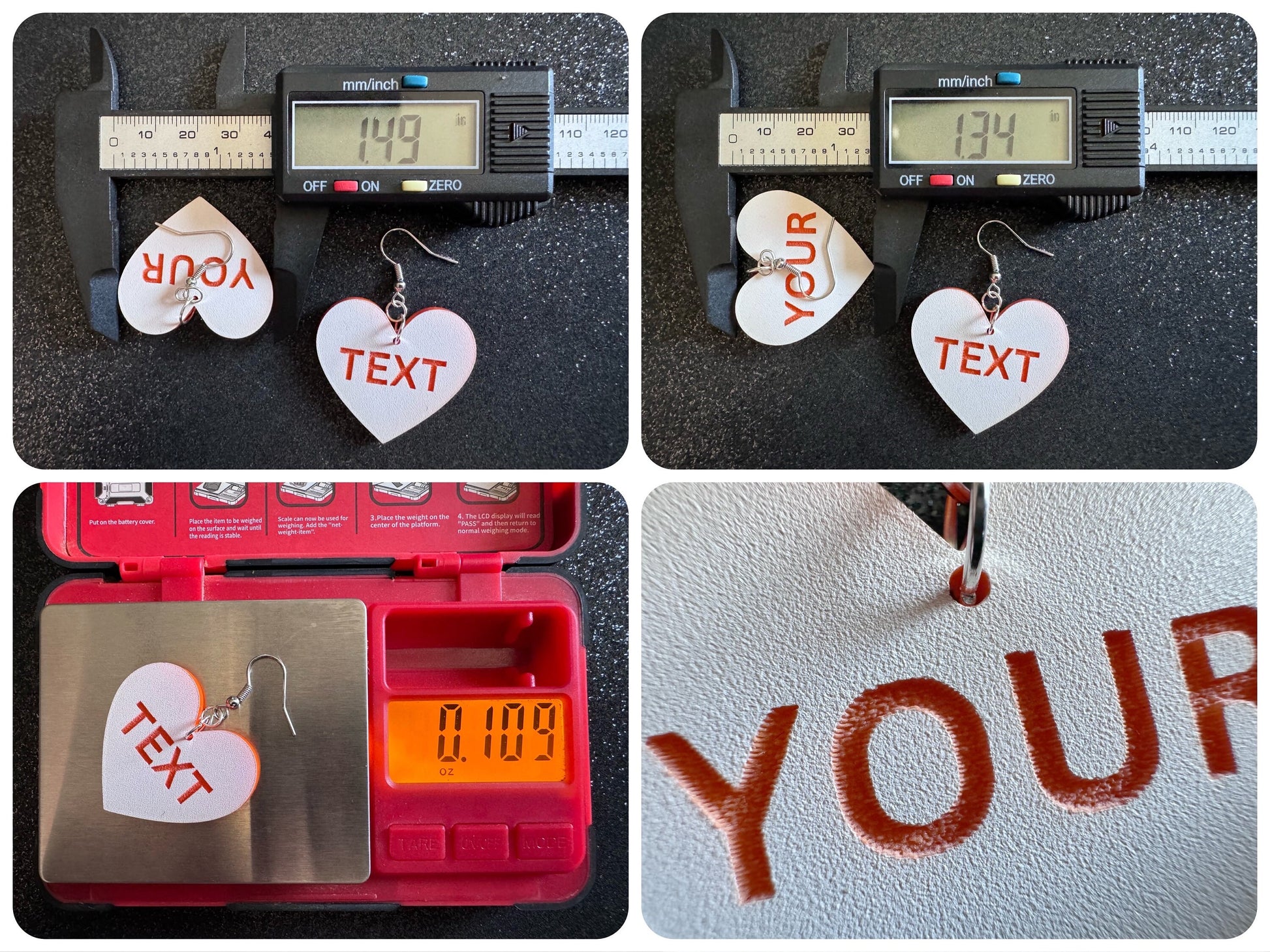 Custom Text Earrings: Laser Engraved Words, White with Orange Text, Letters, Names, Teacher Gift, Anniversary, Best Gifts for Her/Him/Them