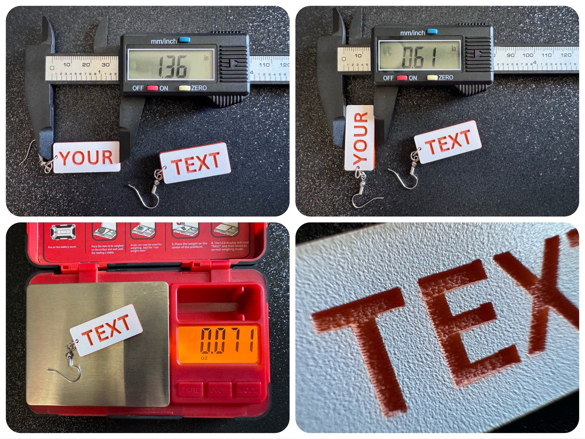 Custom Text Earrings: Laser Engraved Words, White with Orange Text, Letters, Names, Teacher Gift, Anniversary, Best Gifts for Her/Him/Them