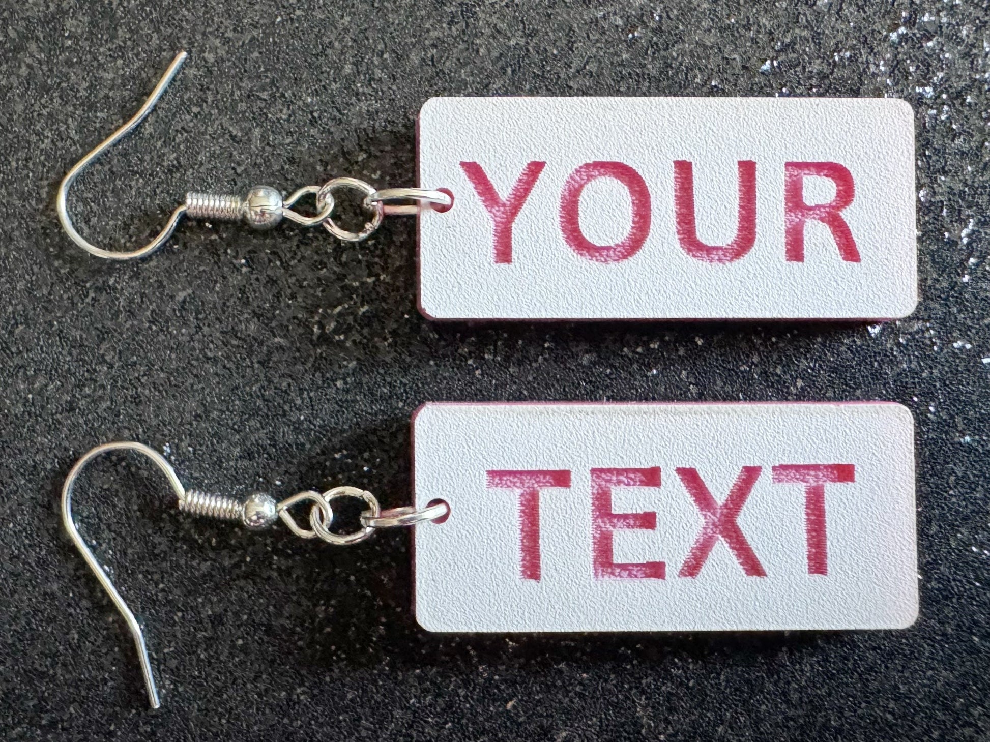 Custom Text Earrings: Laser Engraved Words, White with Pink Text, Letters, Names, Teacher Gift, Anniversary, Best Gifts for Her/Him/Them