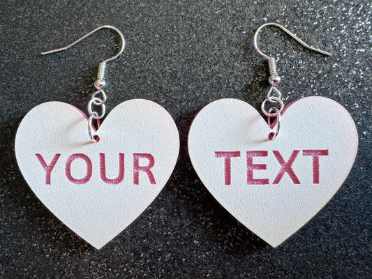 Custom Text Earrings: Laser Engraved Words, White with Pink Text, Letters, Names, Teacher Gift, Anniversary, Best Gifts for Her/Him/Them