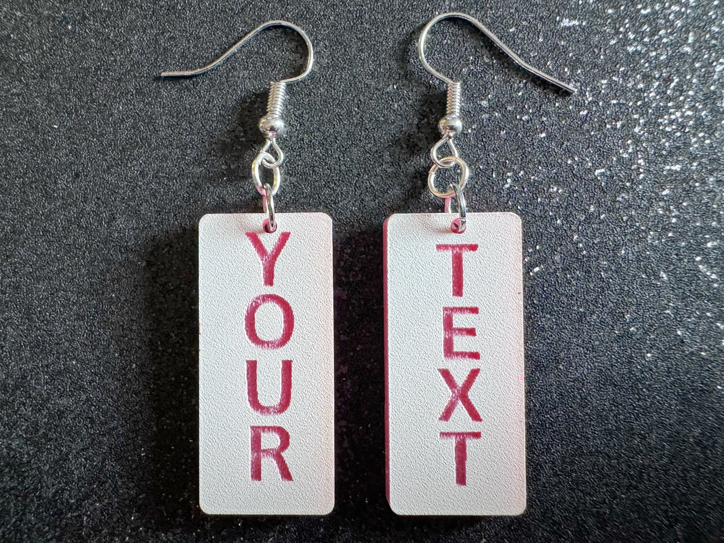 Custom Text Earrings: Laser Engraved Words, White with Pink Text, Letters, Names, Teacher Gift, Anniversary, Best Gifts for Her/Him/Them