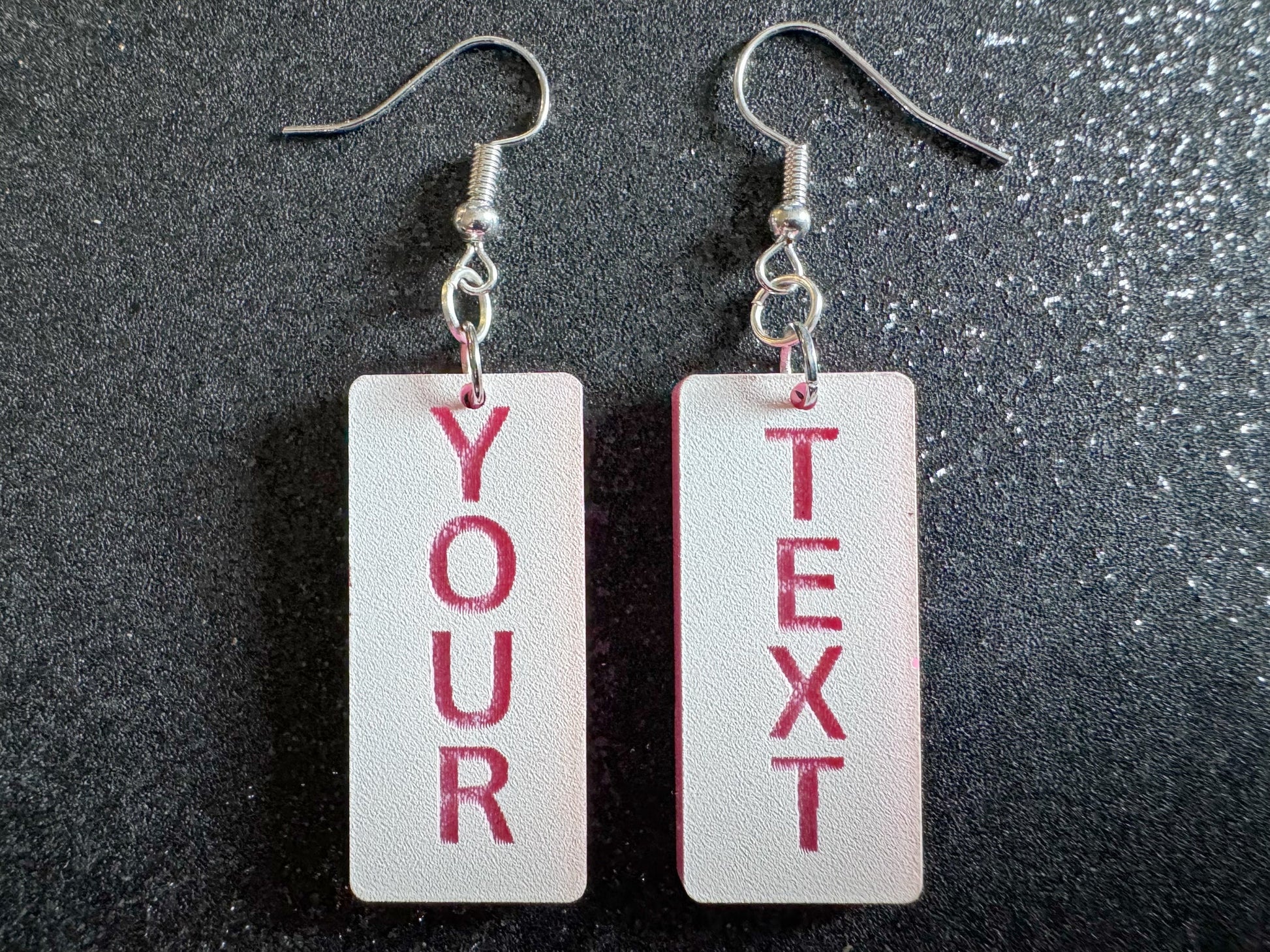 Custom Text Earrings: Laser Engraved Words, White with Pink Text, Letters, Names, Teacher Gift, Anniversary, Best Gifts for Her/Him/Them
