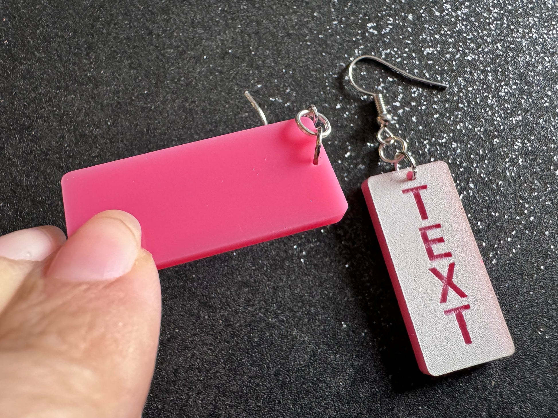 Custom Text Earrings: Laser Engraved Words, White with Pink Text, Letters, Names, Teacher Gift, Anniversary, Best Gifts for Her/Him/Them