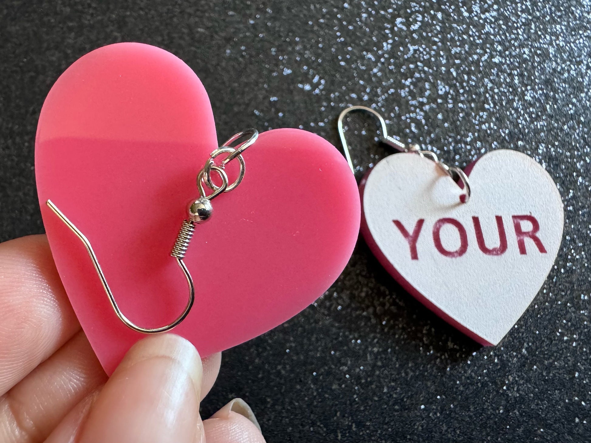 Custom Text Earrings: Laser Engraved Words, White with Pink Text, Letters, Names, Teacher Gift, Anniversary, Best Gifts for Her/Him/Them