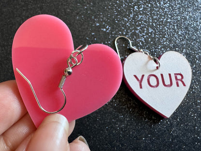Custom Text Earrings: Laser Engraved Words, White with Pink Text, Letters, Names, Teacher Gift, Anniversary, Best Gifts for Her/Him/Them