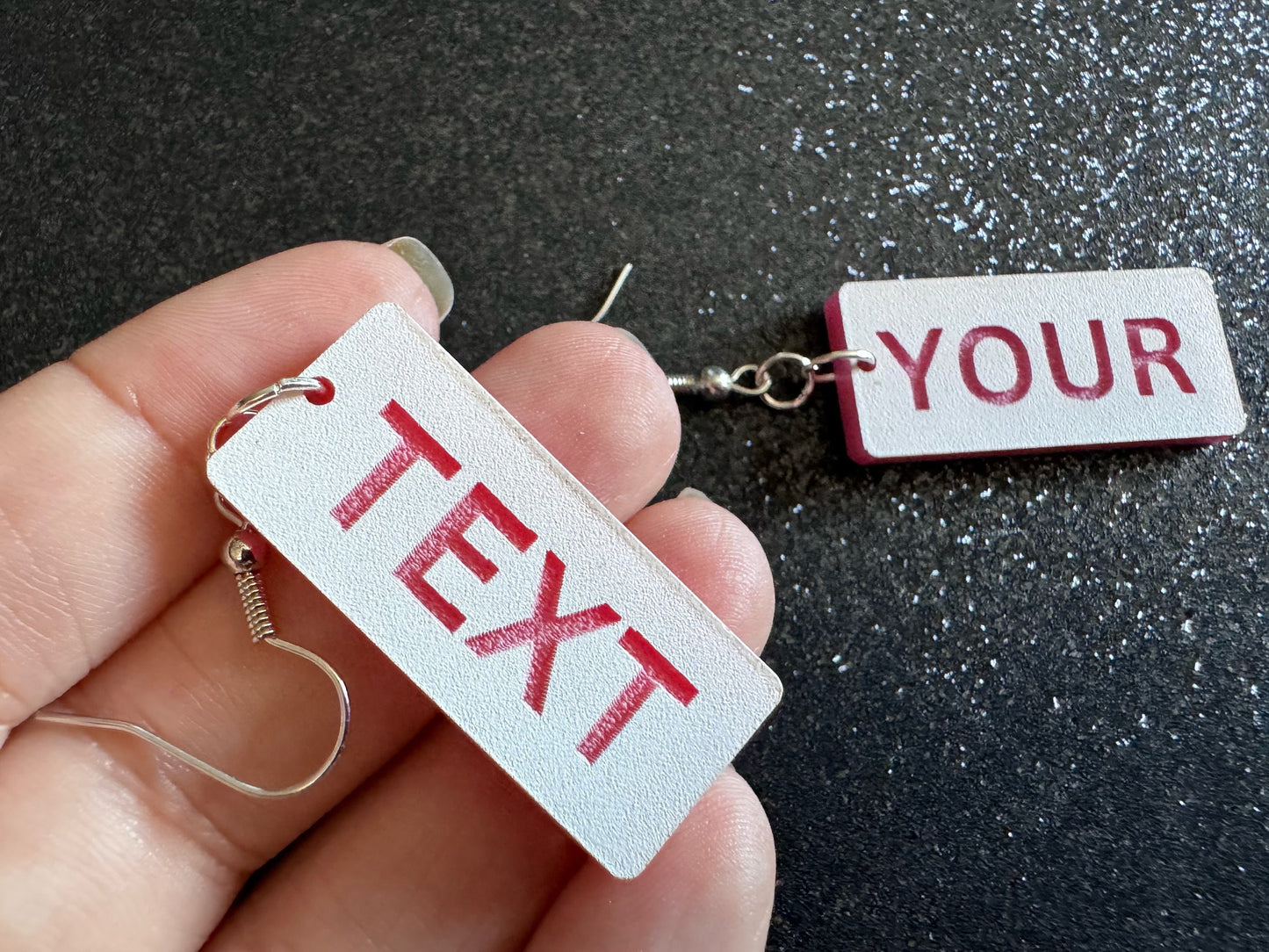 Custom Text Earrings: Laser Engraved Words, White with Pink Text, Letters, Names, Teacher Gift, Anniversary, Best Gifts for Her/Him/Them