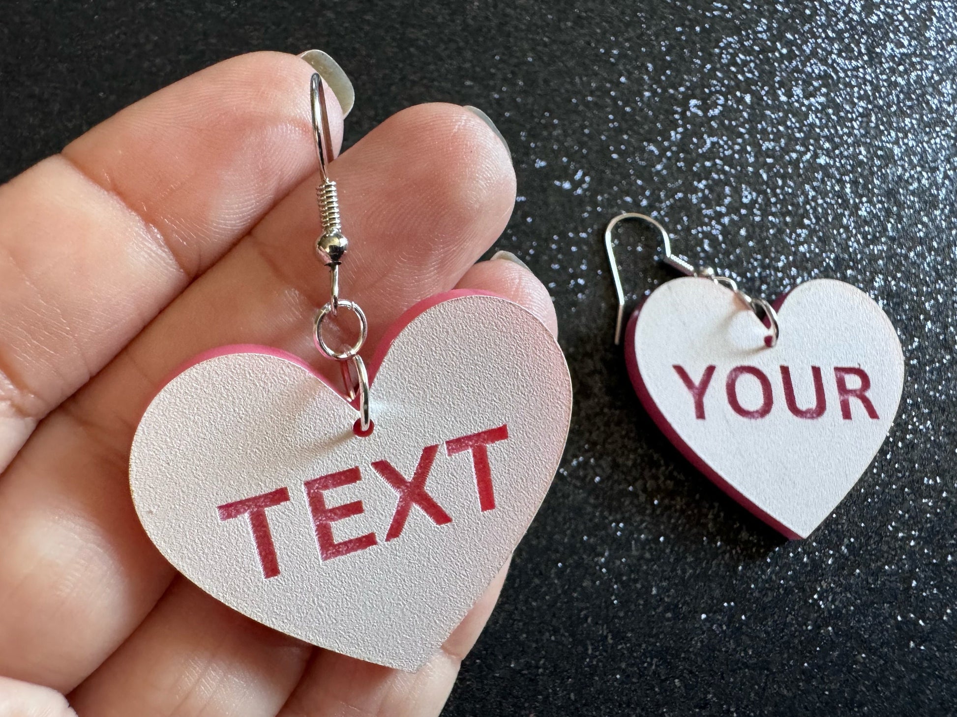 Custom Text Earrings: Laser Engraved Words, White with Pink Text, Letters, Names, Teacher Gift, Anniversary, Best Gifts for Her/Him/Them