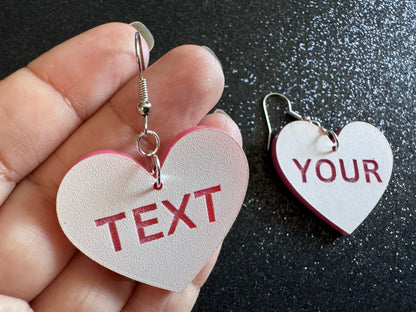Custom Text Earrings: Laser Engraved Words, White with Pink Text, Letters, Names, Teacher Gift, Anniversary, Best Gifts for Her/Him/Them