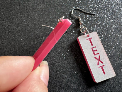 Custom Text Earrings: Laser Engraved Words, White with Pink Text, Letters, Names, Teacher Gift, Anniversary, Best Gifts for Her/Him/Them