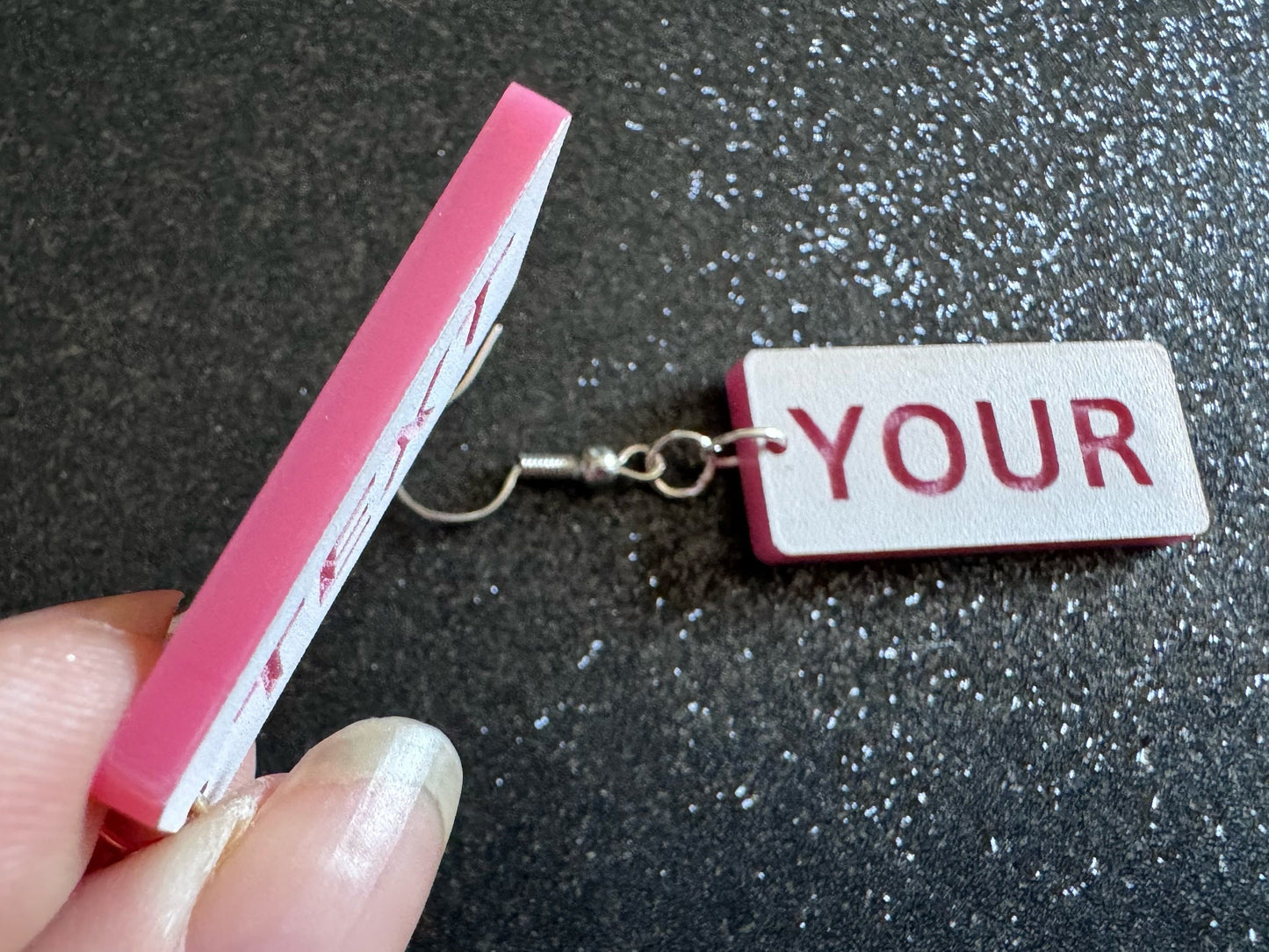 Custom Text Earrings: Laser Engraved Words, White with Pink Text, Letters, Names, Teacher Gift, Anniversary, Best Gifts for Her/Him/Them