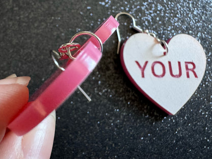 Custom Text Earrings: Laser Engraved Words, White with Pink Text, Letters, Names, Teacher Gift, Anniversary, Best Gifts for Her/Him/Them