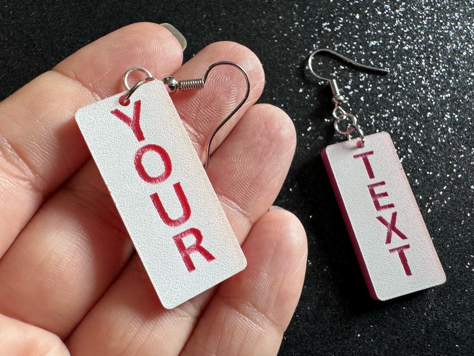 Custom Text Earrings: Laser Engraved Words, White with Pink Text, Letters, Names, Teacher Gift, Anniversary, Best Gifts for Her/Him/Them
