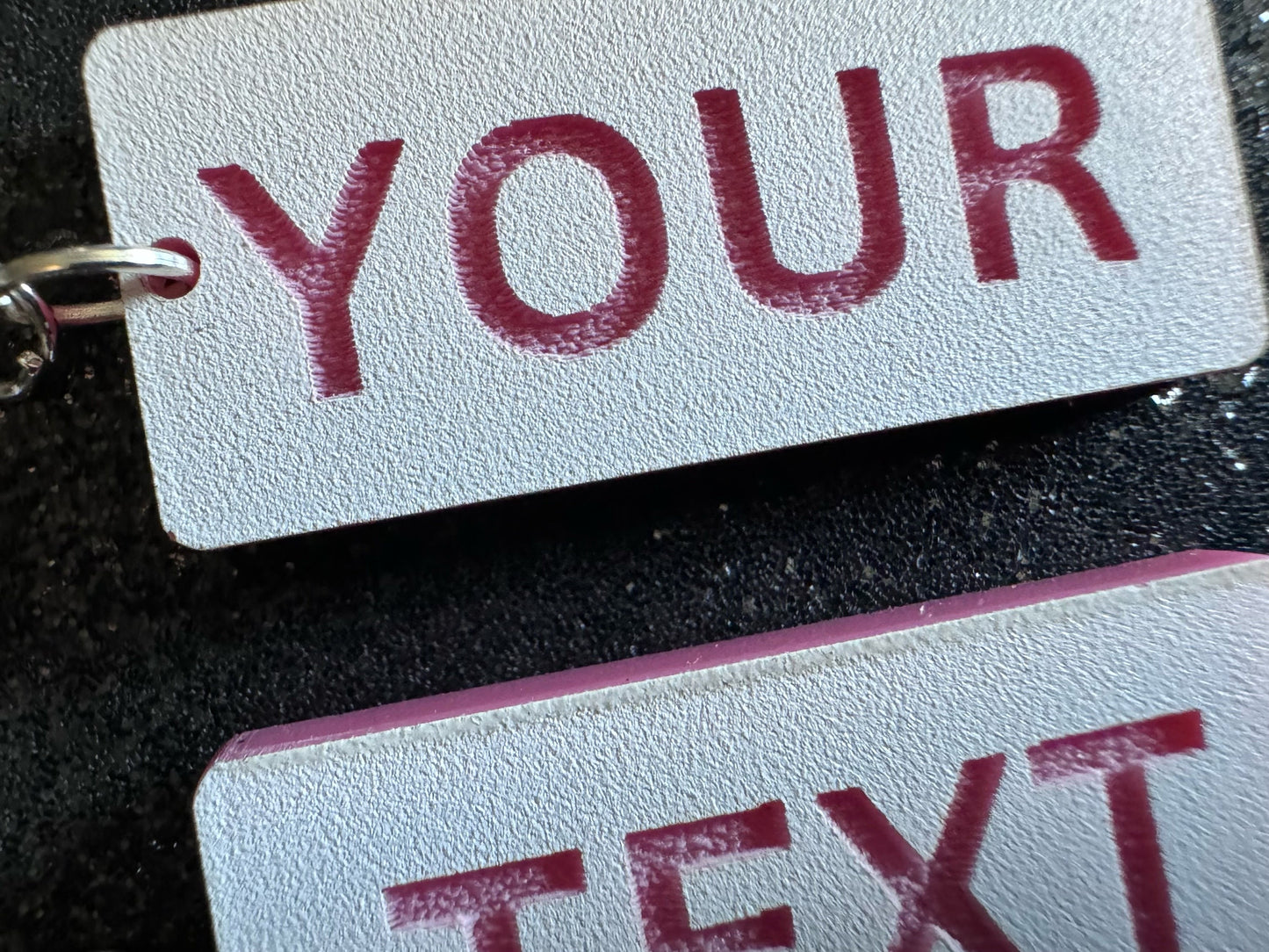 Custom Text Earrings: Laser Engraved Words, White with Pink Text, Letters, Names, Teacher Gift, Anniversary, Best Gifts for Her/Him/Them