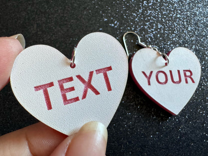 Custom Text Earrings: Laser Engraved Words, White with Pink Text, Letters, Names, Teacher Gift, Anniversary, Best Gifts for Her/Him/Them