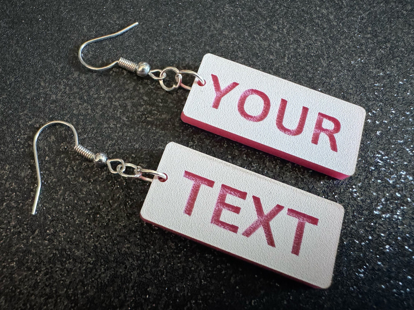 Custom Text Earrings: Laser Engraved Words, White with Pink Text, Letters, Names, Teacher Gift, Anniversary, Best Gifts for Her/Him/Them