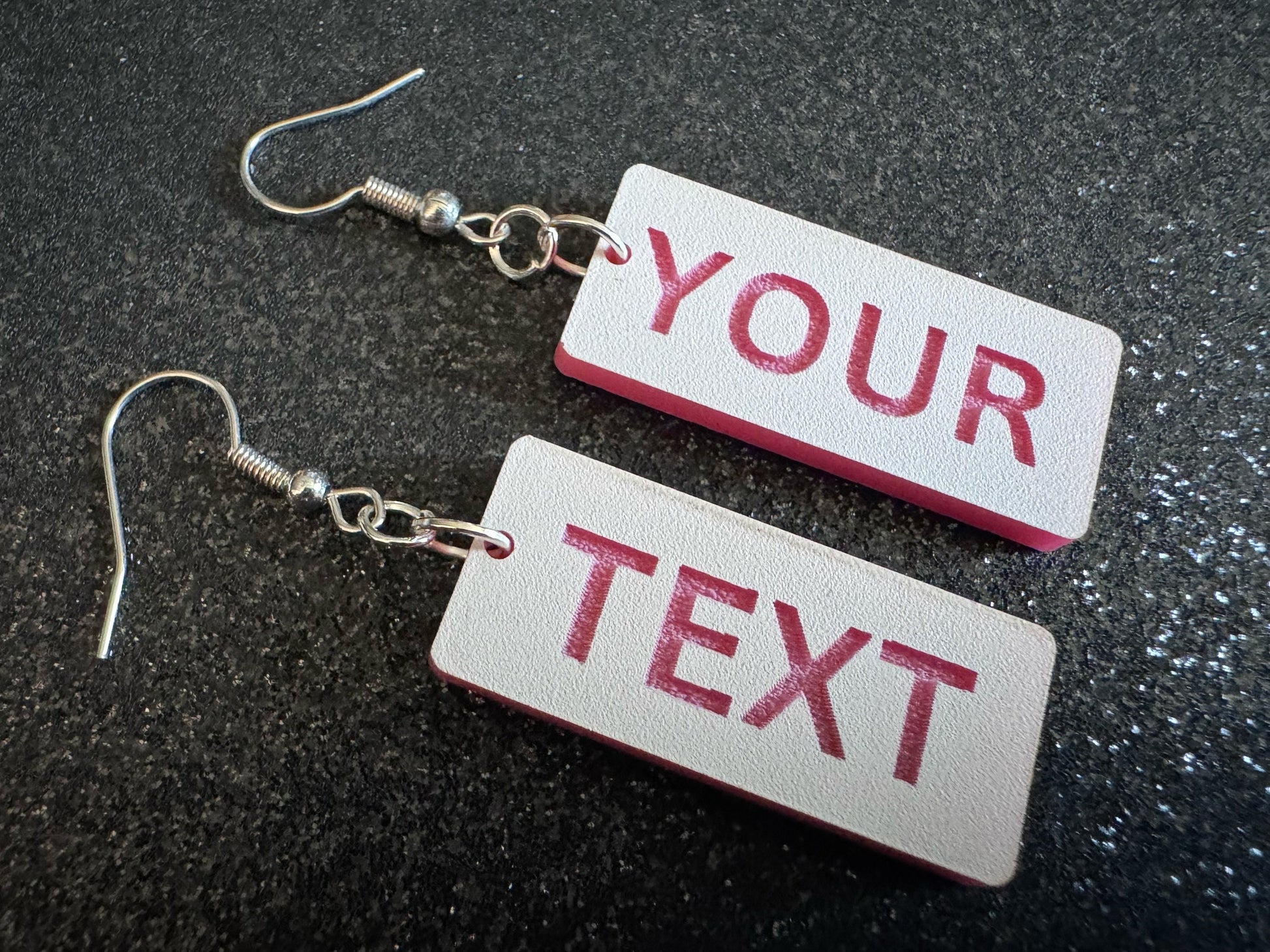 Custom Text Earrings: Laser Engraved Words, White with Pink Text, Letters, Names, Teacher Gift, Anniversary, Best Gifts for Her/Him/Them