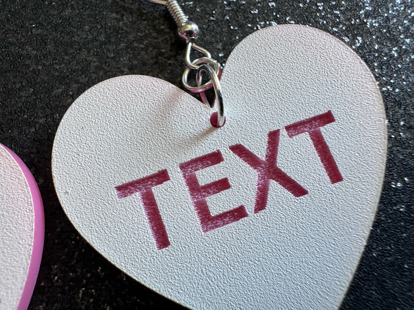 Custom Text Earrings: Laser Engraved Words, White with Pink Text, Letters, Names, Teacher Gift, Anniversary, Best Gifts for Her/Him/Them